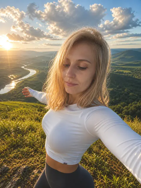 Девушка на холме на закате